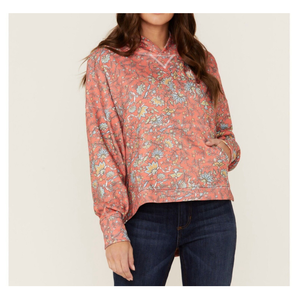 Hooey Oversized All over Floral Print Red Hoodie Hi-Low Hem Long Sleeve Womens S